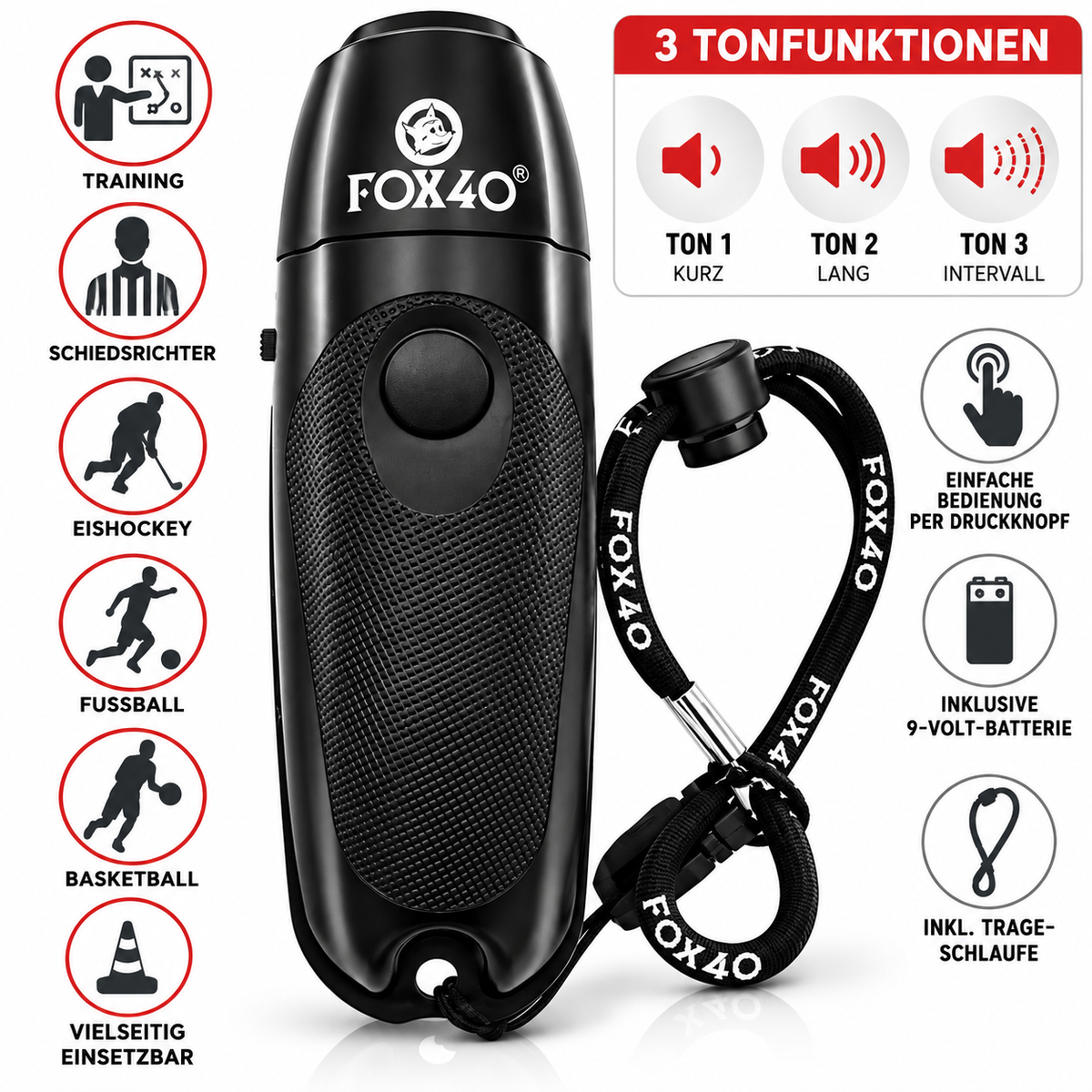 Fox40 Elektronische Pfeife Signalpfeife mit 3 Tönen