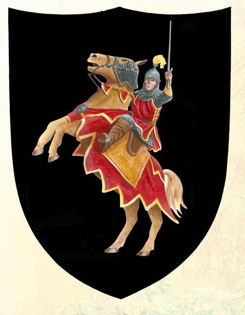 Scudo, scudo da cavaliere, scudo in legno per bambini motivo: cavaliere a cavallo 30x40 cm